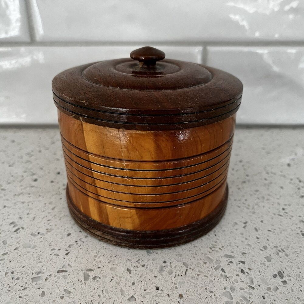 Vintage Hand Turned Wooden Ribbed Trinket Jewelry Box & Lid Handmade 4” READ